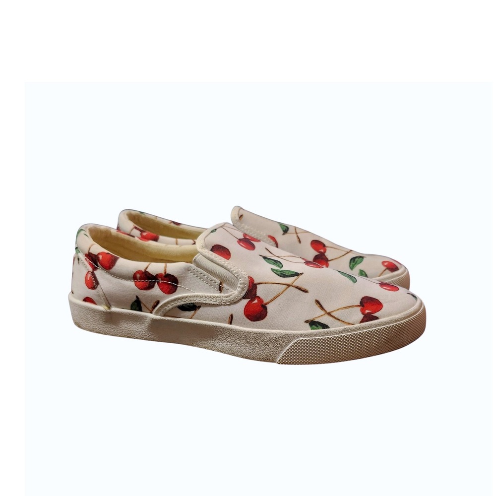 Bucketfeet Slip On Sneakers Womens 9.5 White Red Cherry Print Canvas Shoes Fruit